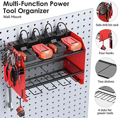 CCCEI Modular Power Tool Organizer Wall Mount with Charging Station. Garage Drill Storage Shelf with Hooks, Heavy Duty Rack, Tool Battery Holder Built in 8 Outlet. Gift for Men. Red, 1 Pack.