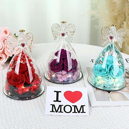 Mothers Day Rose Gifts for Women, Large Angel Figurines with Real Roses, Preserved Real Flower Rose for Her – Red