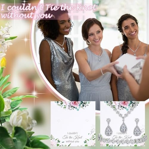 Remuuly 6 Pcs Bridesmaid Jewelry Sets for Wedding Rhinestone/Pearl Earrings Necklace Bracelet with Card for Wedding Proposal
