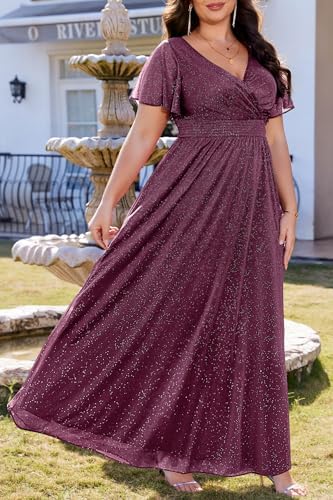 Plus Size Formal Dresses – V Neck Flutter Sleeve Glitter Prom Evening Gowns Wedding Guest Chiffon Long Maxi Dress