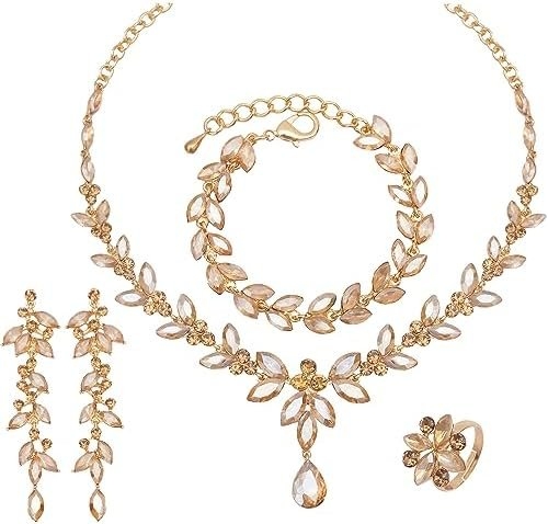 CSY 4 Pcs Elegant Bridal Jewelry Sets Austrian Marquise Crystal Wedding Necklace Dangle Earrings Tennis Bracelet Ring Set for Bride Women Costume Accessories