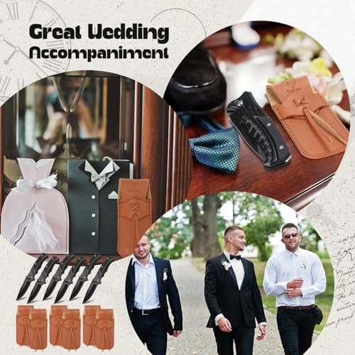 Abbylike 6 Set Man Pocket Knife Gift for Men Gifts Personalized Pocket Knife with Leather Sheaths Mini Folding Knives Proposal Gifts for Christmas Wedding Party Favors(Classic)