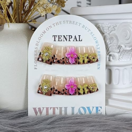 TENPAL Duckbill Nails,Brown Leopard French Tips Press on Nails with Kit,Soft Gel Fake Nails with 3D Charms Hearts Bows Flowers,Metallic Edgy Punk Y2K False Nail with Rhinestone for Winter Fall(S)