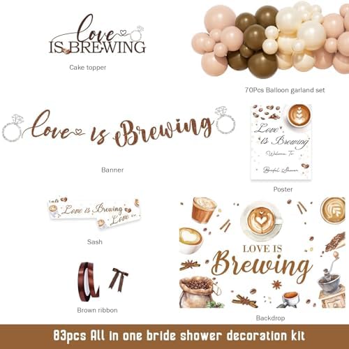 Love is Brewing Bridal Shower Decorations – Coffee Bridal Shower Decorations with Balloon Garland, Cake Topper, Banner, Backdrop, Poster for Espresso Martini Decor