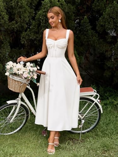 KUTUMAI Floral Corset Midi Dresses for Women 2026 Lace Up Flowy Summer Wedding Guest Dress with Pockets