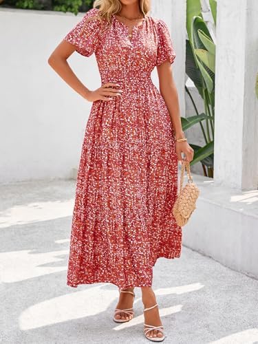 BTFBM Womens Summer Floral Maxi Dresses V Neck Short Sleeve Boho Casual Flowy Long Wedding Guest Dress Beach Vacation