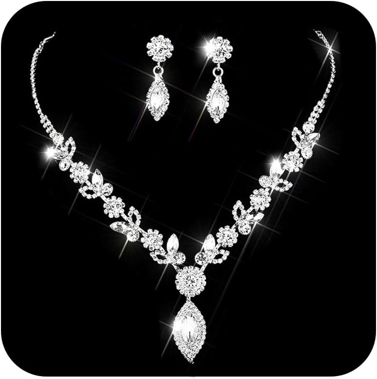 TWINKLEDE Wedding Jewelry Sets for Women Silver Bridal Rhinestone Necklaces and Earring for Brides