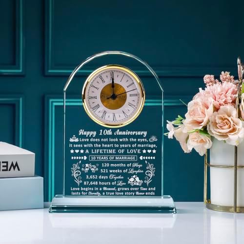 10 Year Anniversary Clock Gifts for Him Her, 10th Anniversary Romantic Gifts for Couple, Ten Year Anniversary Wedding Gifts for Wife Husband Women Men, 10 Years of Marriage Gifts