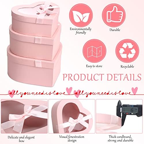 Thenshop 3 Sets Valentines Heart Shaped Boxes for Flowers Mothers Day Gift Packaging with Transparent Window Lids for Luxury Flower Arrangements Flower Box Gift Wrap Boxes for Wedding Birthday(Pink)