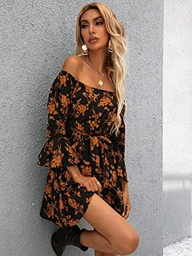 Womens Off Shoulder Ruffle Floral Summer Wedding Guest Dresses A Line Shift Short Skater Dress with Belt