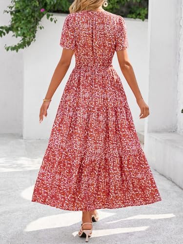 BTFBM Womens Summer Floral Maxi Dresses V Neck Short Sleeve Boho Casual Flowy Long Wedding Guest Dress Beach Vacation