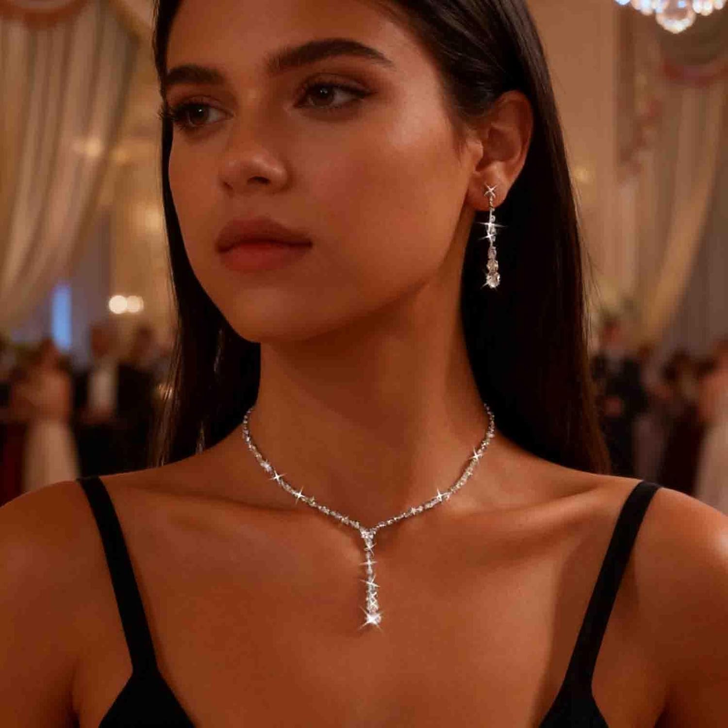 Wedding Necklace and Earring Set Silver Long Rhinestone Dangle Earrings Dainty Diamond Cubic Zirconia Bridal Chain Sparkly Crystal Tiny Y Drop Lariat Cz Pendant Choker Statement Bridesmaid for Women