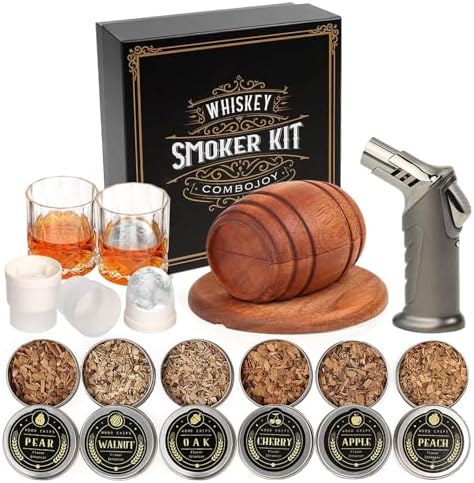 Whiskey Smoker Kit with Torch – 6 Flavors Wood Chips, 2 Glasses, 2 Ice Ball Molds – Cocktail Smoker Infuser Kit, Old Fashioned Drink Smoker Kit, Birthday Bourbon Whiskey Gifts for Men,Dad(NO Butane)