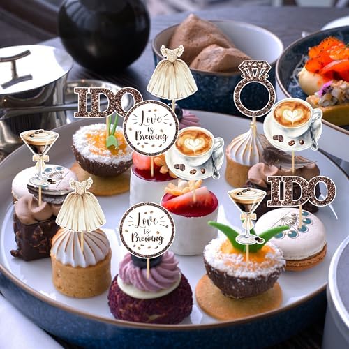 Love Is Brewing Cake Topper – 36 Pcs Bridal Shower Cupcake Topper Decorations With Romantic Elements Diamond Ring Dresss for Love Is Brewing Bridal Wedding Engagement Party Decoration Supplies