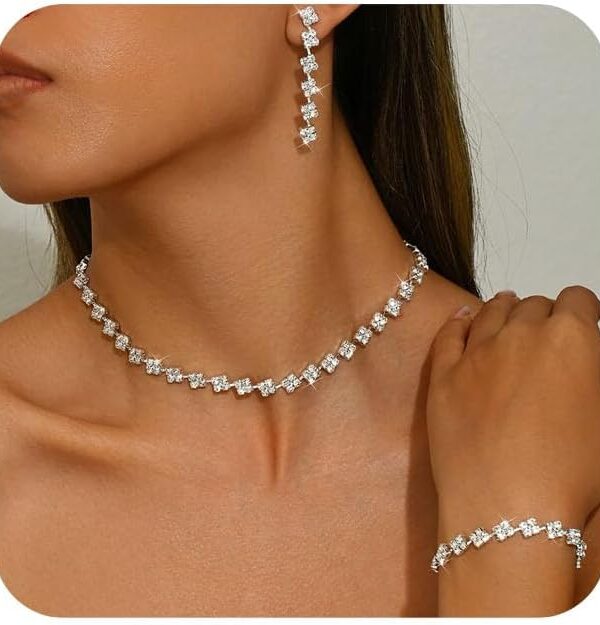 Silver Wedding Jewelry Set for Women Brides Rhinestone Necklace Bracelet Dangle Earrings Sets for Bride Bridesmaid Crystal Prom Costume Jewelry Accessories Formal Jewelry for Women Evening Wear