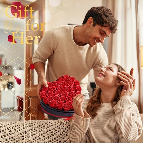 HyeFlora 30pcs Fake Red Roses in a Heart Shape Box, Fake Roses Artificial Flowers Forever Roses Gifts Box for Her Wife Girlfriends for Mom Women Grandma Birthday