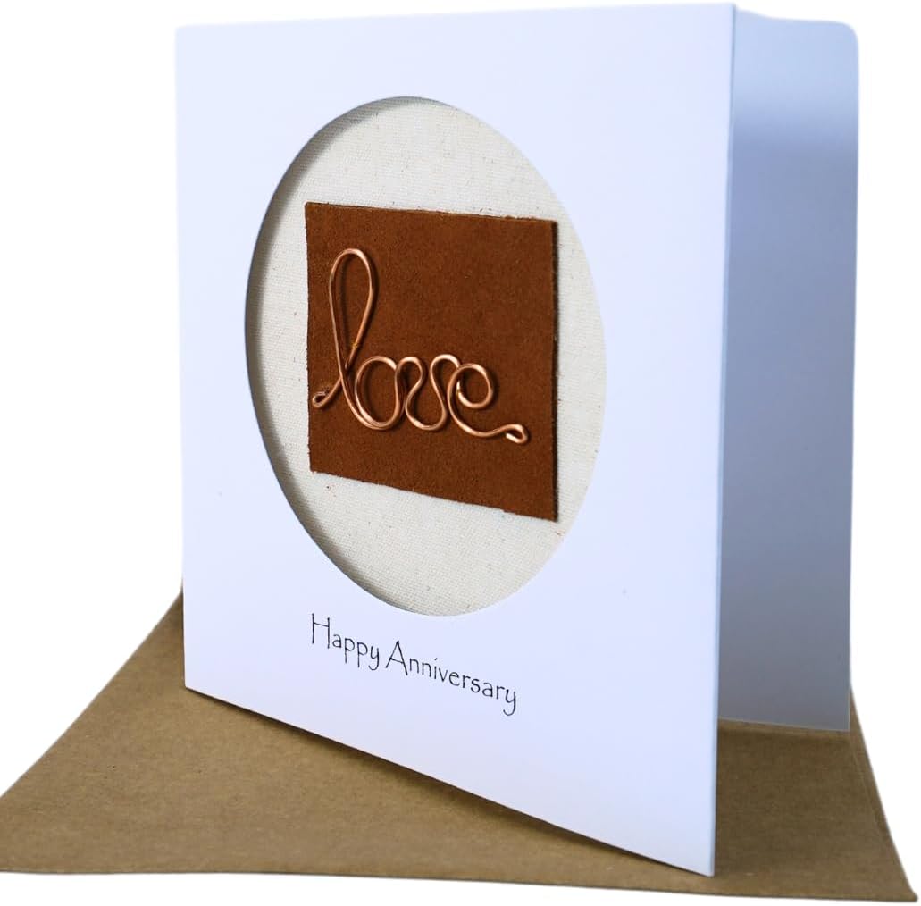 Camellia Bees Copper 7th Wedding Card – Copper Wire Love Card For Her Him, Handmade Card for Happy Couple, Wife, Husband on Valentines day, wedding anniversary (07th)