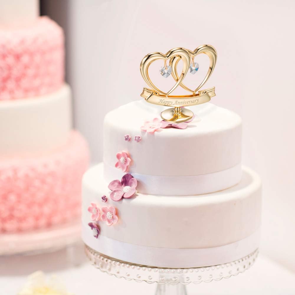 Matashi 24K Gold Plated Anniversary Heart Sculpture with Crystals Double Heart Statue – Perfect Christmas and Holiday Gift and Premium Quality Cake Topper