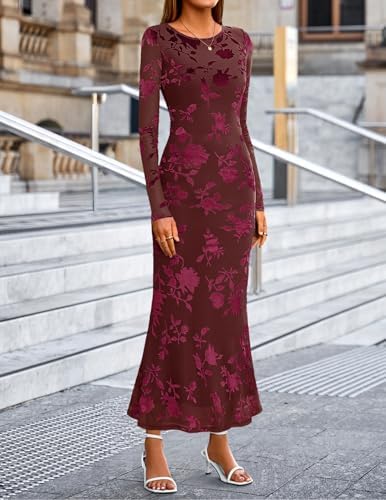 MEROKEETY Womens 2026 Spring Wedding Guest Maxi Dress Long Sleeve Bodycon Floral Mesh Fall Cocktail Formal Party Dresses