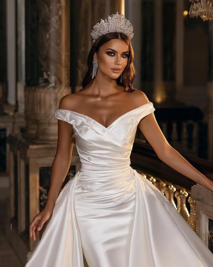 Mermaid Wedding Dresses for Bride 2025 Beaded Satin Off Shoulder Bride Dress Detachable Train