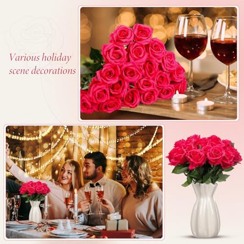Hotop 20 Pcs Artificial Rose Flowers with Long Stem,Real Touch Silk Realistic Plastic Bouquet Roses Bulk for Home Decor Bridal Wedding Party Table Centerpieces Decorations(Hot Pink)