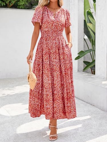 BTFBM Womens Summer Floral Maxi Dresses V Neck Short Sleeve Boho Casual Flowy Long Wedding Guest Dress Beach Vacation