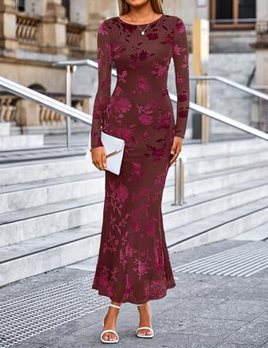 MEROKEETY Womens 2026 Spring Wedding Guest Maxi Dress Long Sleeve Bodycon Floral Mesh Fall Cocktail Formal Party Dresses