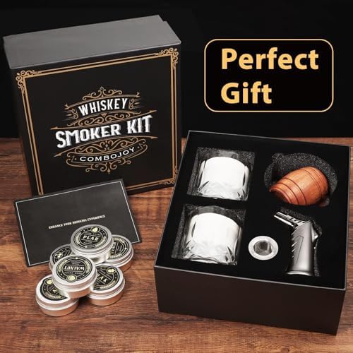 Whiskey Smoker Kit with Torch – 6 Flavors Wood Chips, 2 Glasses, 2 Ice Ball Molds – Cocktail Smoker Infuser Kit, Old Fashioned Drink Smoker Kit, Birthday Bourbon Whiskey Gifts for Men,Dad(NO Butane)