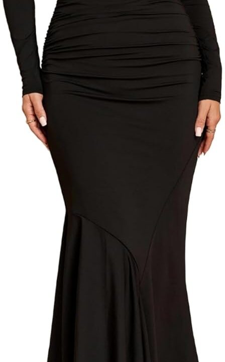 Parthea Women One Shoulder Long Sleeve Ruched Bodycon Midi Dress Fall Wedding Guest Elegant Cocktail Party Gown