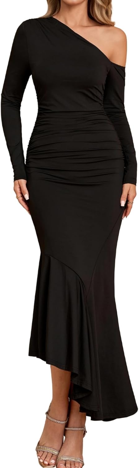 Parthea Women One Shoulder Long Sleeve Ruched Bodycon Midi Dress Fall Wedding Guest Elegant Cocktail Party Gown