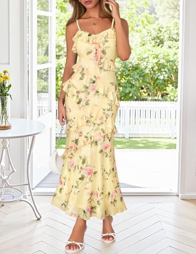 MEROKEETY Spring Wedding Guest Dress for Women 2026 Summer Floral Cocktail Party Beach Vacation Ruffle Bodycon Maxi Dresses