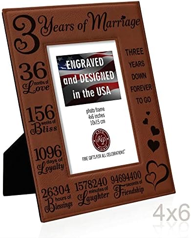 KATE POSH 3rd Anniversary Engraved Rawhide Leather Picture Frame (4×6-Vertical)