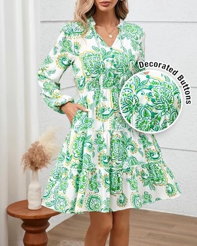 BTFBM Women Fall Dresses 2025 Floral V Neck Long Sleeve Tiered Ruffle Boho Swing Flowy A-Line Mini Dresses Vacation