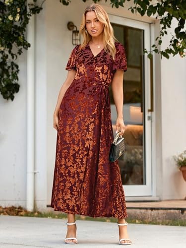 Simplee Womens Velvet Wrap Dress Short Sleeve High Split Fall Wedding Guest Dresses Long Formal Cocktail Party Dresses