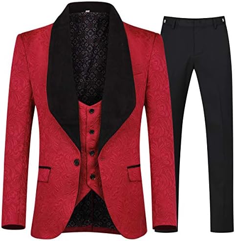 YFFUSHI Mens 3 Piece Suit Slim Fit Jacquard Tuxedo 1 Button Shawl Collar Blazer Vest & Pants for Wedding Formal Prom