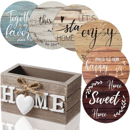Queekay Coasters Set of 6 House Warming Gifts New Home Wooden Farmhouse Drink Coasters with Holder 4 Funny Decoration for Kitchen Family Coffee Bar Tabletop Protection(Farmhouse Color)
