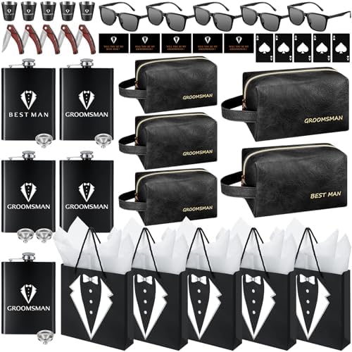 50Pcs Groomsmen Gifts Groomsmen Proposal Box with Flasks Sunglasses PU Leather Toiletry Bag Bottle Opener for Wedding Groomsman Best Man Gift (Black)