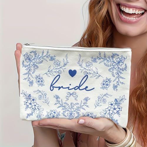 LADY&HOME Bride Makeup Bag Blue Bride Bag for Bridal Shower Wedding Engagement Gifts