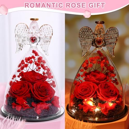 Mothers Day Rose Gifts for Women, Large Angel Figurines with Real Roses, Preserved Real Flower Rose for Her – Red
