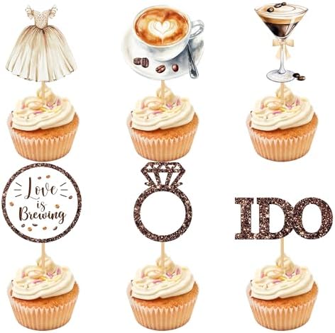 Love Is Brewing Cake Topper – 36 Pcs Bridal Shower Cupcake Topper Decorations With Romantic Elements Diamond Ring Dresss for Love Is Brewing Bridal Wedding Engagement Party Decoration Supplies