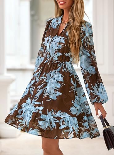 PRETTYGARDEN Womens Fall Boho Dresses 2026 Floral Long Sleeve V Neck Mini Flowy Wedding Guest Dress Trendy Vacation Outfits