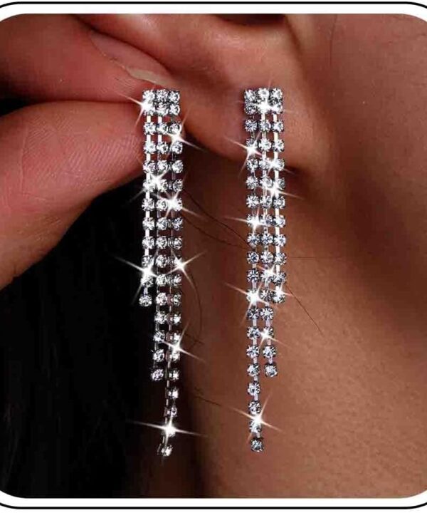 Dainty Wedding Long Rhinestone Earrings Silver Crystal Dangle Earring Diamond Cubic Zirconia Bridal Drop Sparkly Tassel Cz Brides Stud Simple Shiny Statement Formal Bridesmaid Party Prom Jewelry Women