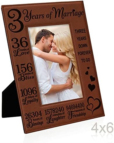 KATE POSH 3rd Anniversary Engraved Rawhide Leather Picture Frame (4×6-Vertical)