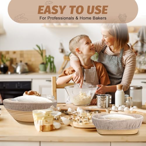 Sourdough Proofing Basket Gift Set, 9 Round and 10 Oval Banneton Bread Baking Supplies, Sourdough Baskets with Bread Lame, Danish Whish, Bowl Scraper, Sourdough Scraper, and Linen Liners