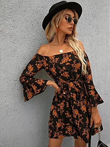 Womens Off Shoulder Ruffle Floral Summer Wedding Guest Dresses A Line Shift Short Skater Dress with Belt
