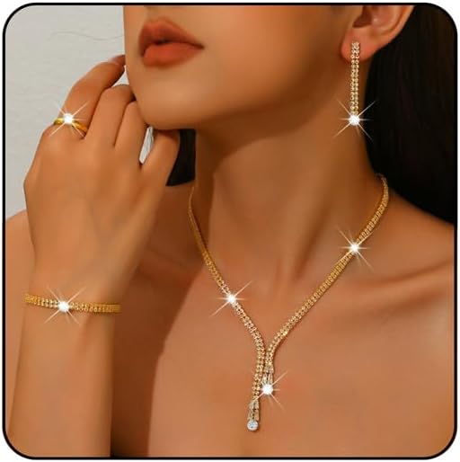 IS4U Sparkling Rhinestone Jewelry Set for Women Elegant Crystal Zircon Necklace Ring Earrings Bracelet Bridal Wedding Prom Party Fashion Jewelry