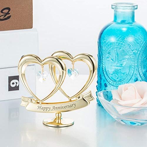 Matashi 24K Gold Plated Anniversary Heart Sculpture with Crystals Double Heart Statue – Perfect Christmas and Holiday Gift and Premium Quality Cake Topper