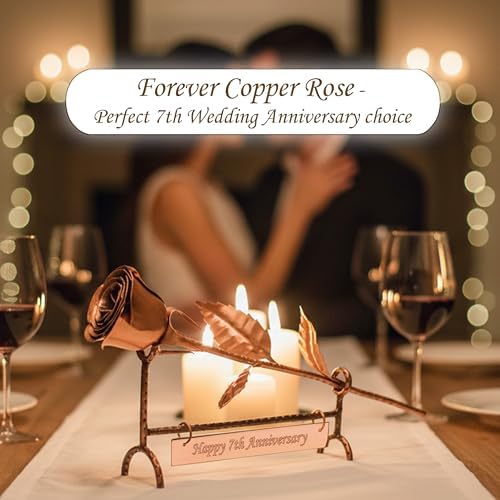 Copper Rose with Stand & Engraved Plate Happy 7th Anniversary – 7th Wedding Anniversary Decor for Wife, Him or Her – Traditional Copper Gift Keepsake