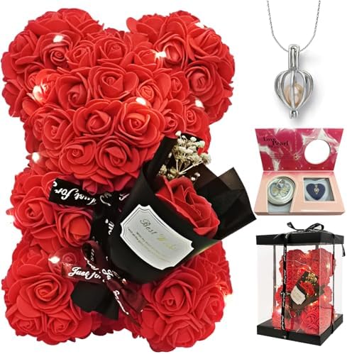 Romantic Valentines Day Gift For Her Artificial Flower Rose Teddy Bear With Preserved Flowers Bouquet And Blind Box Pearl Necklace Birthday Gift For Wife Girlfriend Mom Women Mothers Day Home Decor