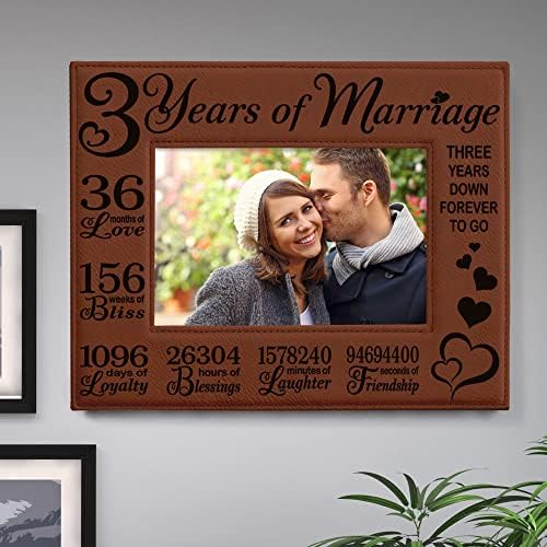 KATE POSH 3rd Anniversary Engraved Rawhide Leather Picture Frame (5×7 Horizontal)